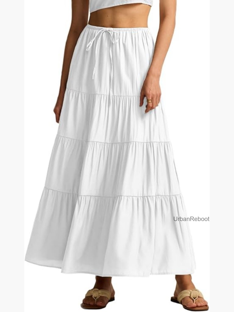 Tiered Maxi Skirt Elastic Waist Drawstring A-Line Flowy Long Skirt With Lining